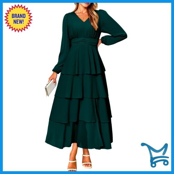 Flowy Maxi Dress Chiffon Long Sleeve V Neck Boho Tiered Wedding Guest Casual